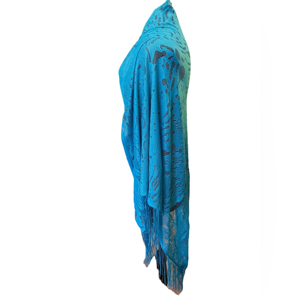 Boho Witch Hippie Ethereal Romantic Blue Sheer Floral Fringe Bandana Lace Shawl - Picture 3 of 8